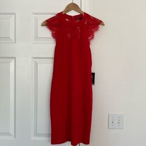 Express Factory NWT cherry red bodycon mini dress with delicate lace detailing.